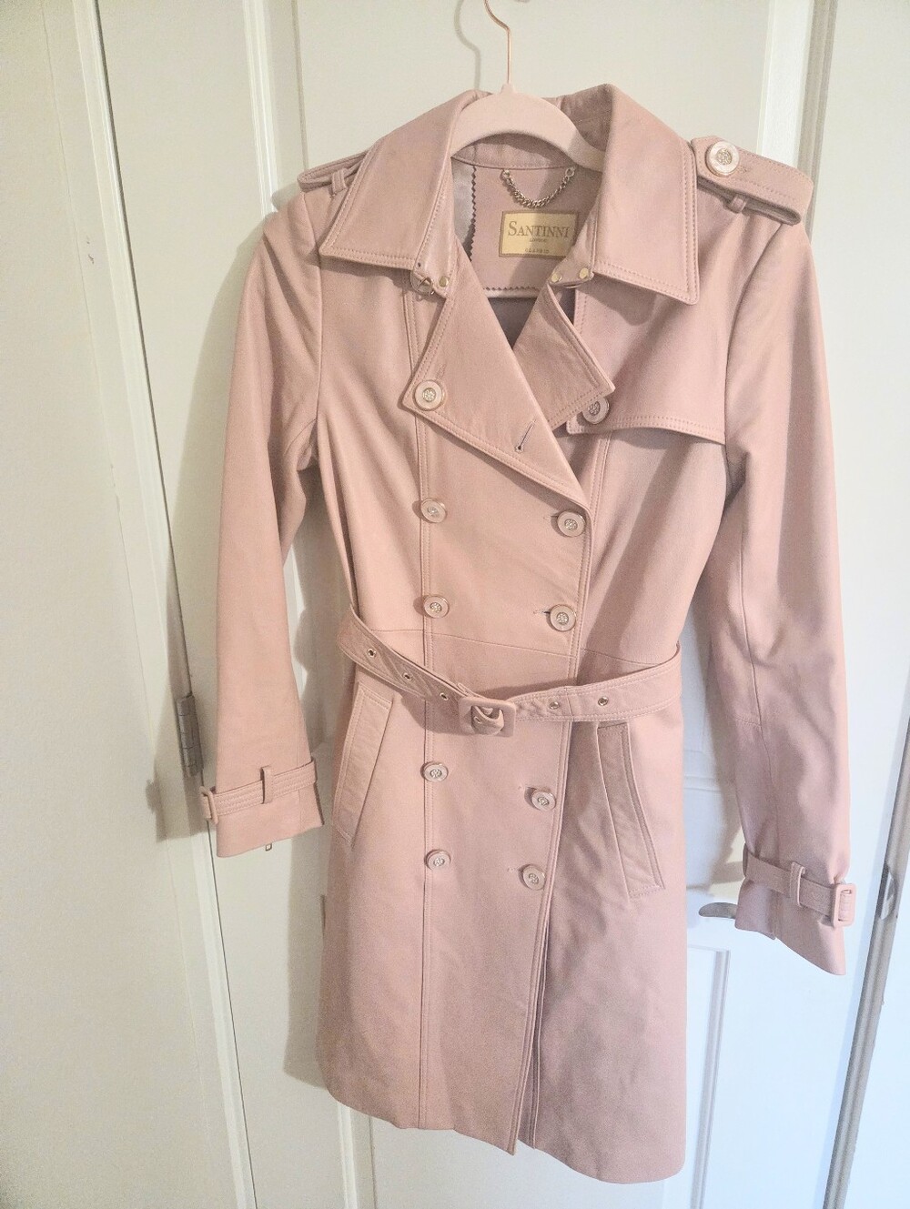 Santinni London Real Leather Blush Pink Trench Coat